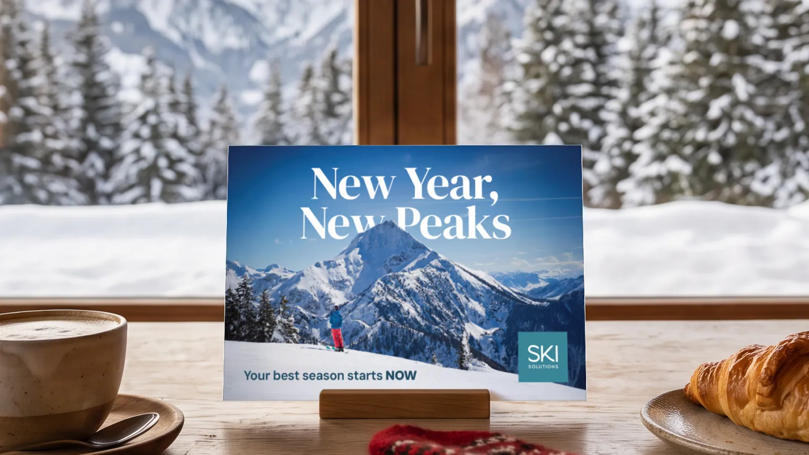 The Ski Solutions New Year, New Peaks mailer standing in a wooden holder on a chalet breakfast table, in front of a window onto snowy pines and mountains, in a portfolio visualisation.
